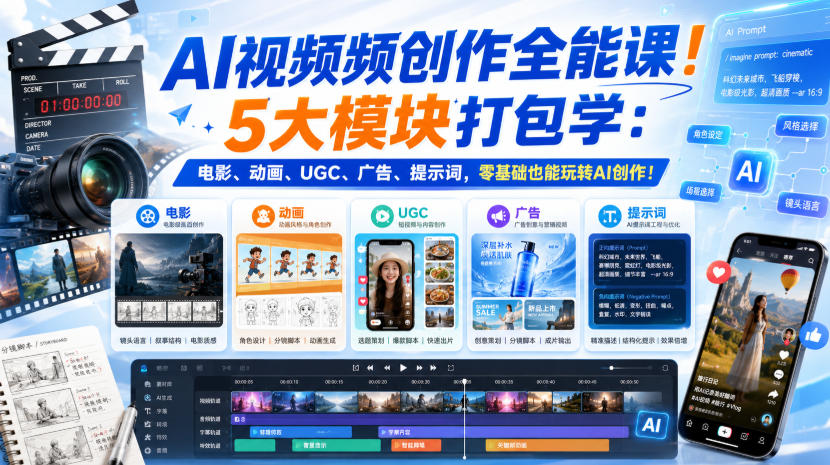 AI视频频创作全能课！5大模块打包学：电影、动画、UGC、广告、提示词，零基础也能玩转AI创作！【原创双语字幕】-副业网