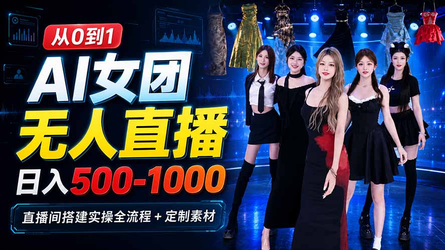 AI 女团无人直播，躺入500-1000每天，直播间搭建实操全流程+定制素材-副业网