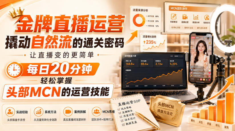 金牌直播运营撬动自然流的通关密码，让直播变的更简单，每日20分钟，轻松掌握头部MCN的运营技能-副业网