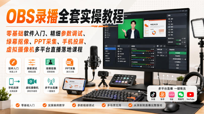 OBS录播全套实操教程｜零基础软件入门、精细参数调试、绿幕抠像、手机投屏、虚拟摄像机多平台直播落地课程-副业网