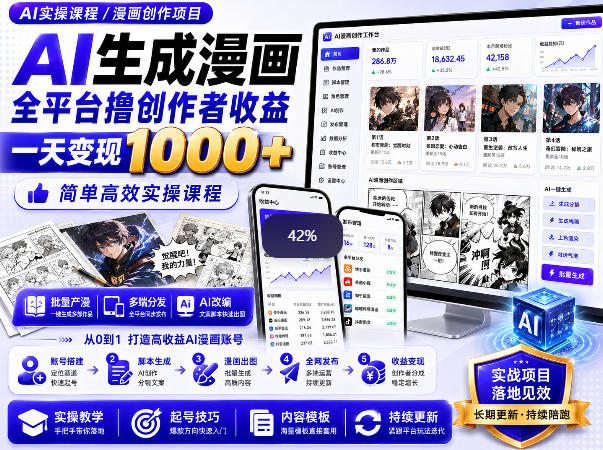 AI生成漫画全平台撸创作者收益内部课程，实操最高单日变现1k+-副业网