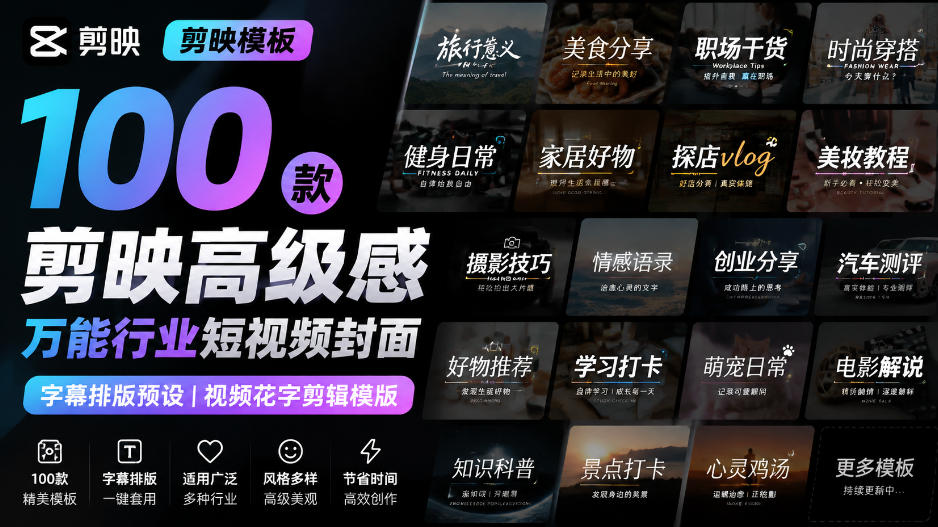 【剪映模板】100款剪映高级感万能行业短视频封面字幕排版预设视频花字剪辑模版-副业网
