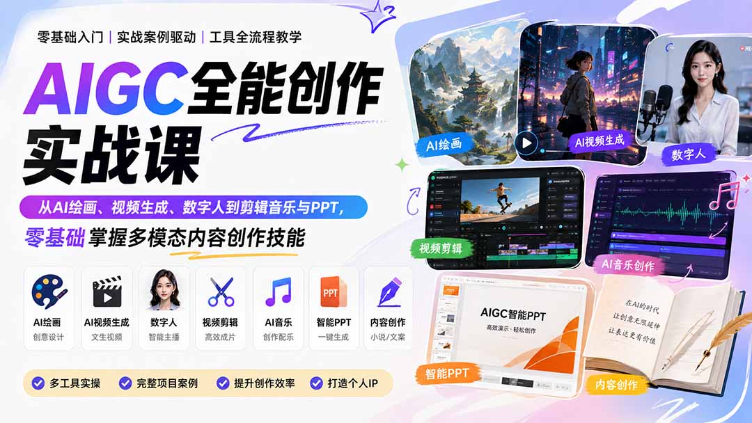 AIGC全能创作实战课：从AI绘画、视频生成、数字人到剪辑音乐与PPT，零基础掌握多模态内容创作技能-副业网