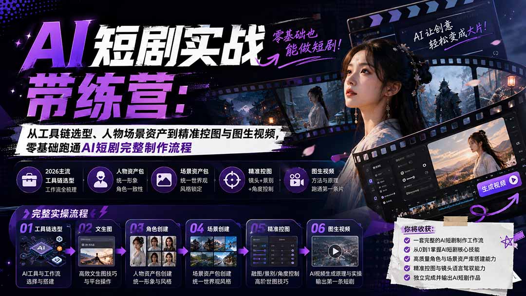 AI短剧实战训练营：从工具链选型、人物场景资产到精准控图与图生视频，零基础跑通AI短剧完整制作流程-副业网