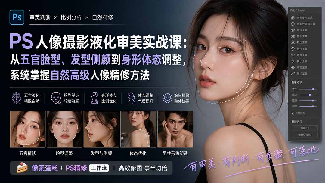 图片[2]-PS人像摄影液化审美实战课：从五官脸型、发型侧颜到身形体态调整，系统掌握自然高级人像精修方法-副业网
