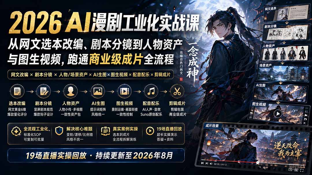 2026 AI漫剧工业化实战课-更新：从网文选本改编、剧本分镜到人物资产与图生视频，跑通商业级成片全流程-副业网