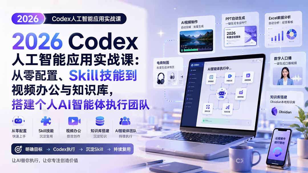2026 Codex人工智能应用实战课：从零配置、Skill技能到视频办公与知识库，搭建个人AI智能体执行团队-副业网