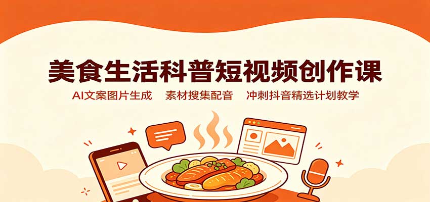 美食生活科普短视频创作课：AI文案图片生成，素材搜集配音，冲刺抖音精选计划教学-副业网