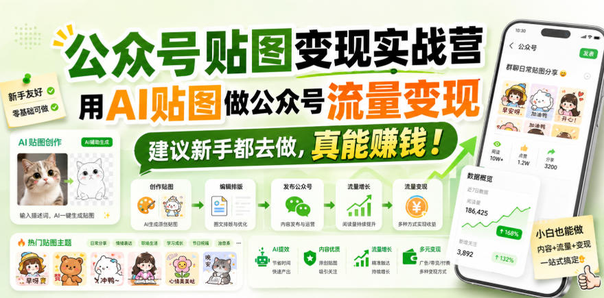 公众号贴图变现实战营,用AI贴图做公众号流量变现,建议新手都去做,真能賺钱!-副业网