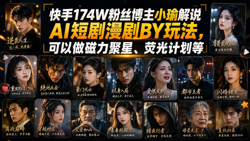 快手174W粉丝博主小瑜解说AI短剧漫剧搬运玩法,可以做磁力聚星、荧光计划等-副业网