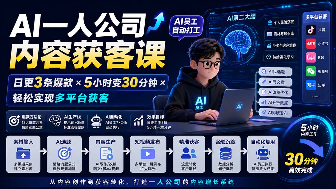 AI一人公司内容获客课-更新8月:日更3条爆款×5小时变30分钟×AI员工自动打工,轻松实现多平台获客-副业网