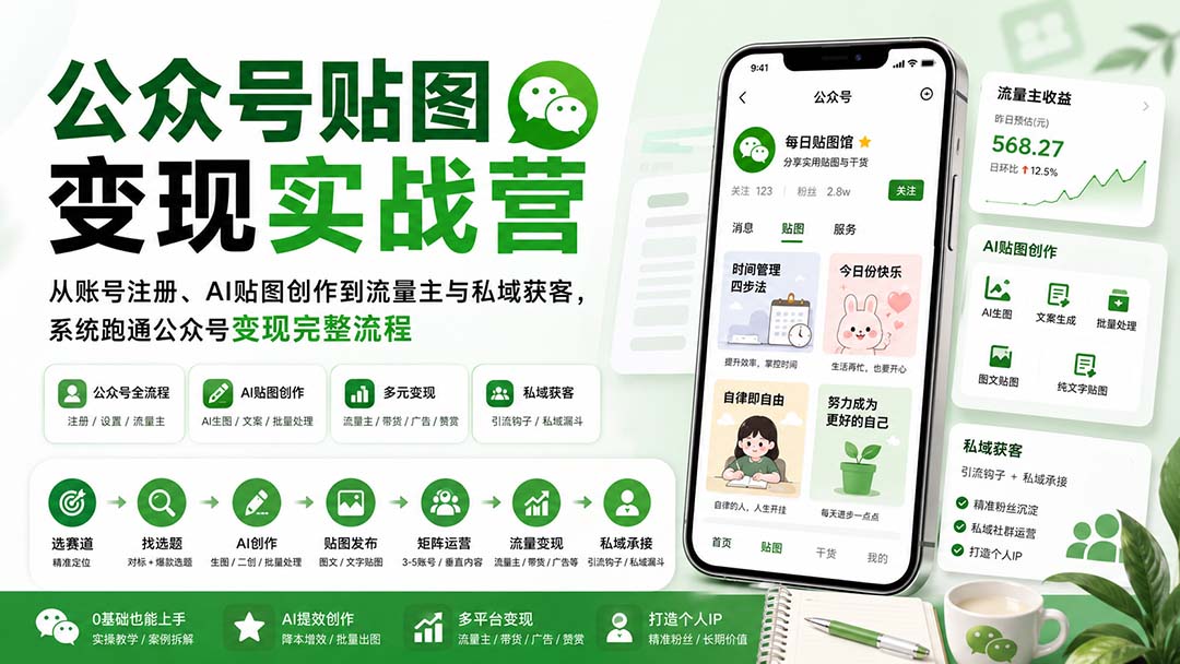 公众号贴图变现实战营:从账号注册、AI贴图创作到流量主与私域获客,系统跑通公众号变现完整流程-副业网