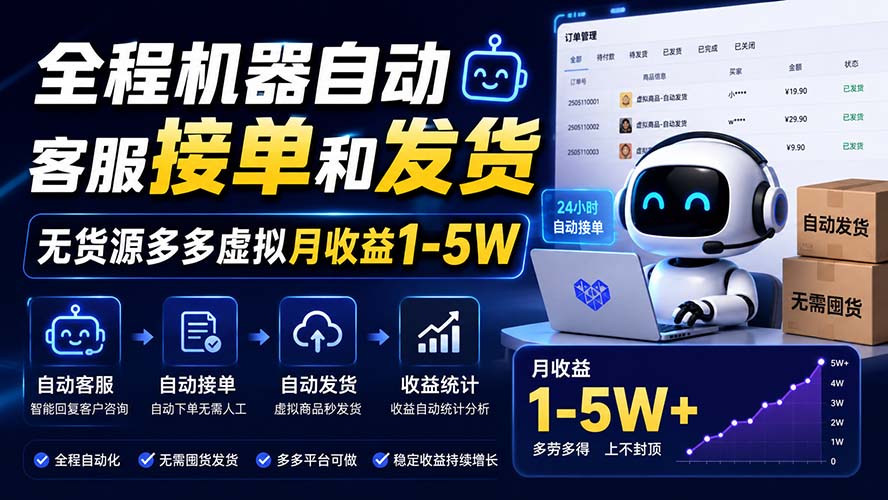 全程机器自动客服接单和发货,无货源多多虚拟月收益1-5W-副业网