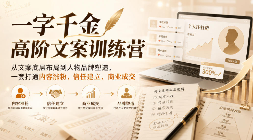 一字千金高阶文案训练营,从文案底层布局到人物品牌塑造,一套打通内容涨粉、信任建立、商业成交-副业网