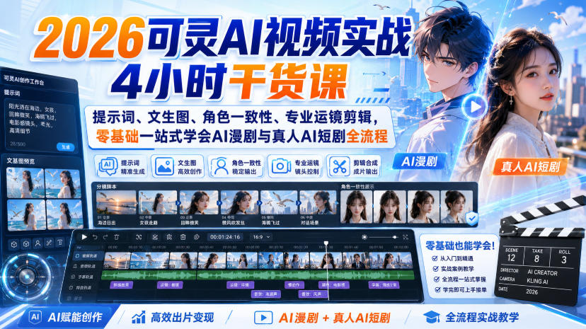 2026可灵AI视频实战4小时干货课|提示词、文生图、角色一致性、专业运镜剪辑,零基础一站式学会AI漫剧与真人AI短剧全流程-副业网