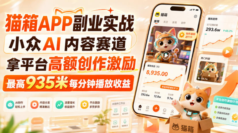 猫箱APP副业实战,小众AI内容赛道,拿平台高额创作激励,最高935米每分钟播放收益-副业网
