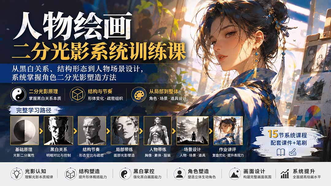 图片[2]-人物绘画二分光影系统训练课：从黑白关系、结构形态到人物场景设计，系统掌握角色二分光影塑造方法-副业网