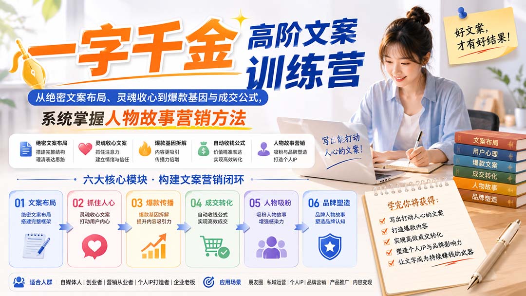 一字千金高阶文案训练营：从绝密文案布局、灵魂收心到爆款基因与成交公式，系统掌握人物故事营销方法-副业网