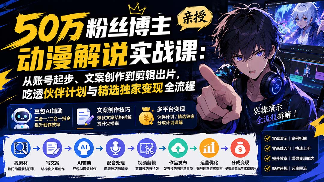 图片[2]-50万粉丝博主亲授动漫解说实战课：从账号起步、文案创作到剪辑出片，吃透伙伴计划与精选独家变现全流程-副业网