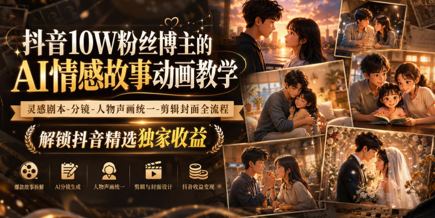 抖音10W粉丝博主的AI情感故事动画教学,灵感剧本‑分镜‑人物声画统一‑剪辑封面全流程,解锁抖音精选独家收益-副业网