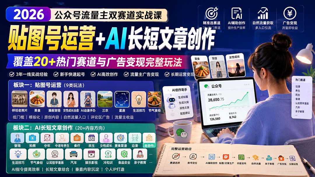图片[2]-公众号流量主双赛道实战课：贴图号运营+AI长短文章创作，覆盖20+热门赛道与广告变现完整玩法-副业网