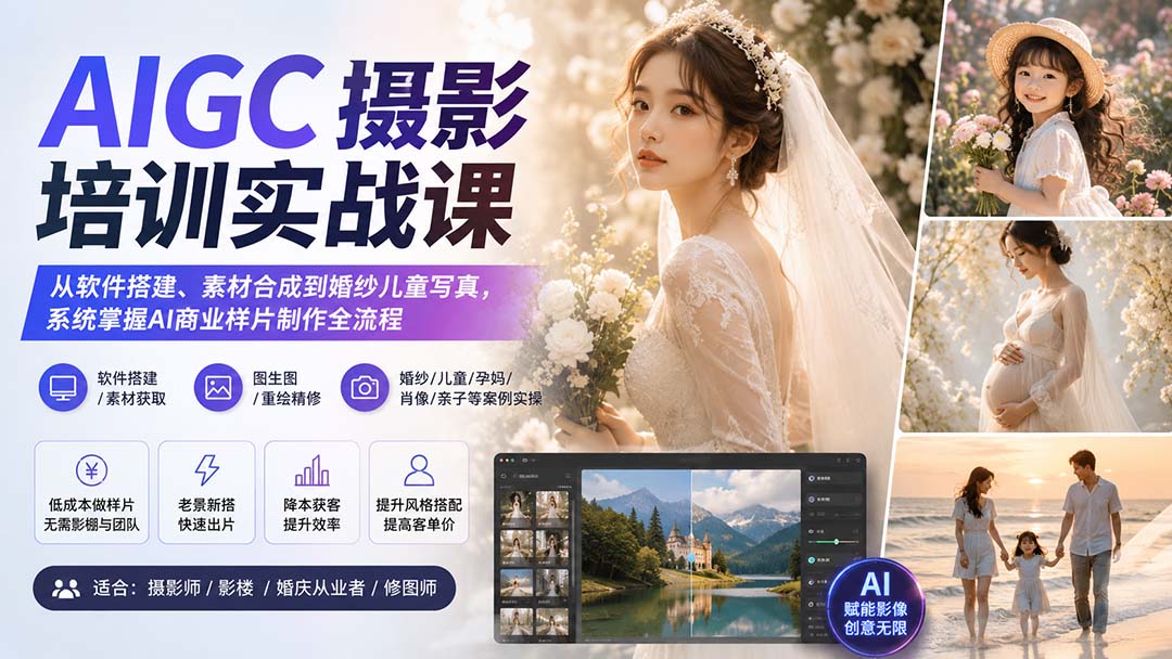 AIGC摄影培训实战课:从软件搭建、素材合成到婚纱儿童写真,系统掌握AI商业样片制作全流程-副业网