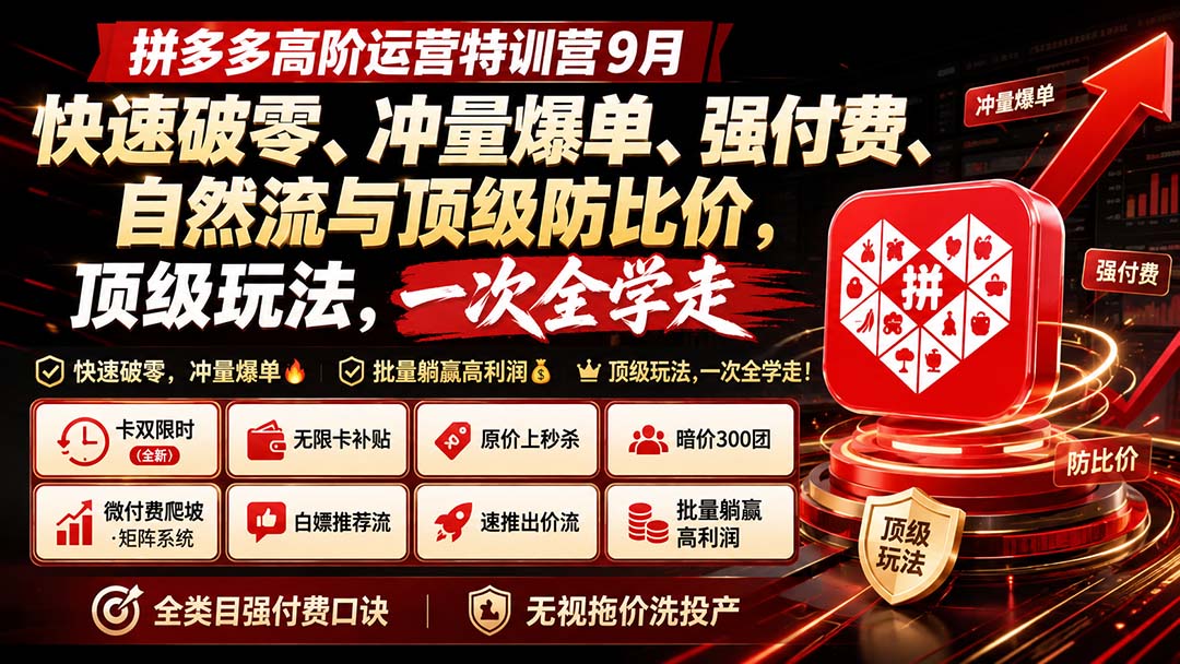 拼多多高阶运营特训营9月:快速破零、冲量爆单、强付费、自然流与顶级防比价, 顶级玩法,一次全学走-副业网