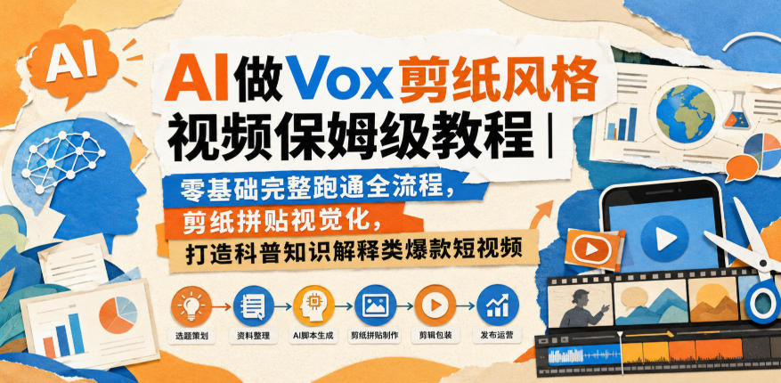 AI做Vox剪纸风格视频保姆级教程|零基础完整跑通全流程,剪纸拼贴视觉化,打造科普知识解释类爆款短视频-副业网