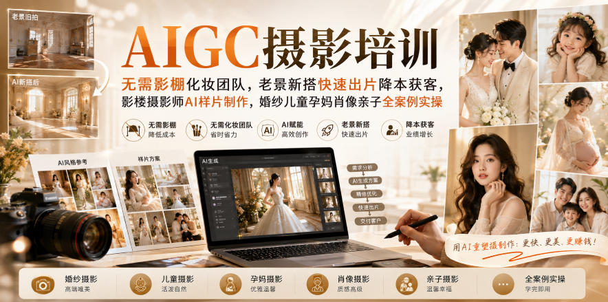 AIGC摄影培训|无需影棚化妆团队,老景新搭快速出片降本获客,影楼摄影师AI样片制作,婚纱儿童孕妈肖像亲子全案例实操-副业网