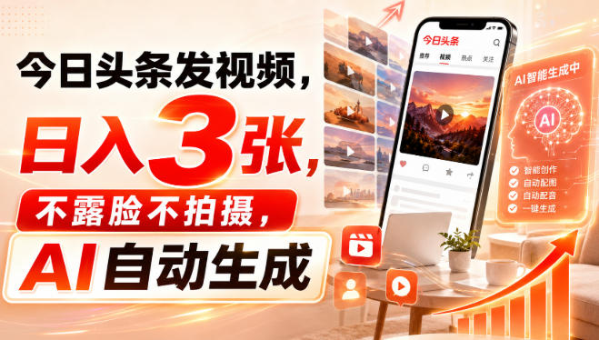 今日头条发视频,日入3张,不露脸不拍摄,AI自动生成-副业网