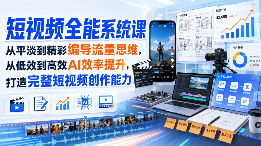 短视频全能系统课,从平淡到精彩编导流量思维,从低效到高效AI效率提升,打造完整短视频创作能力(2026年8月30更新233集)-副业网
