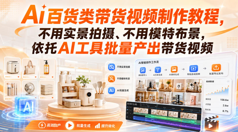 Ai百货类带货视频制作教程,不用实景拍摄、不用模特布景,依托AI工具批量产出带货视频-副业网