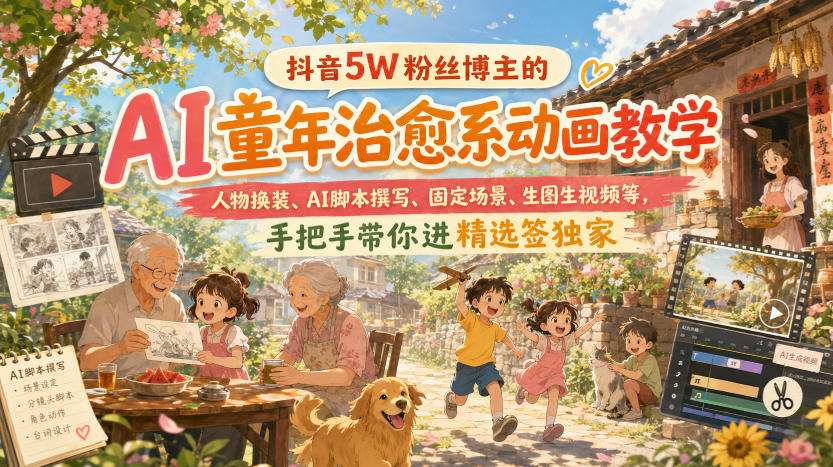 抖音5W粉丝博主的AI童年治愈系动画教学,人物换装、AI脚本撰写、固定场景、生图生视频等,手把手带你进精选签独家-副业网