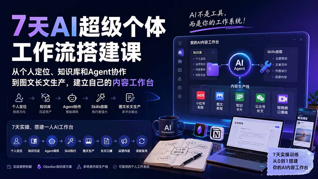 7天AI超级个体工作流搭建课:从个人定位、知识库和Agent协作到图文长文生产,建立自己的内容工作台-副业网