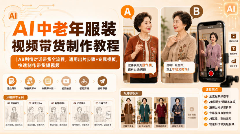 AI中老年服装视频带货制作教程|AB剧情对话带货全流程,通用出片步骤+专属模板,快速制作带货短视频-副业网