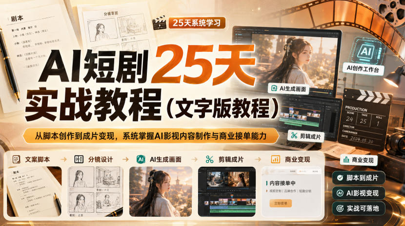 AI短剧25天实战教程(文字版教程),从脚本创作到成片变现,系统掌握AI影视内容制作与商业接单能力-副业网