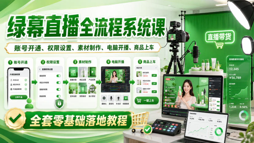 绿幕直播全流程系统课,账号开通、权限设置、素材制作、电脑开播、商品上车全套零基础落地教程-副业网
