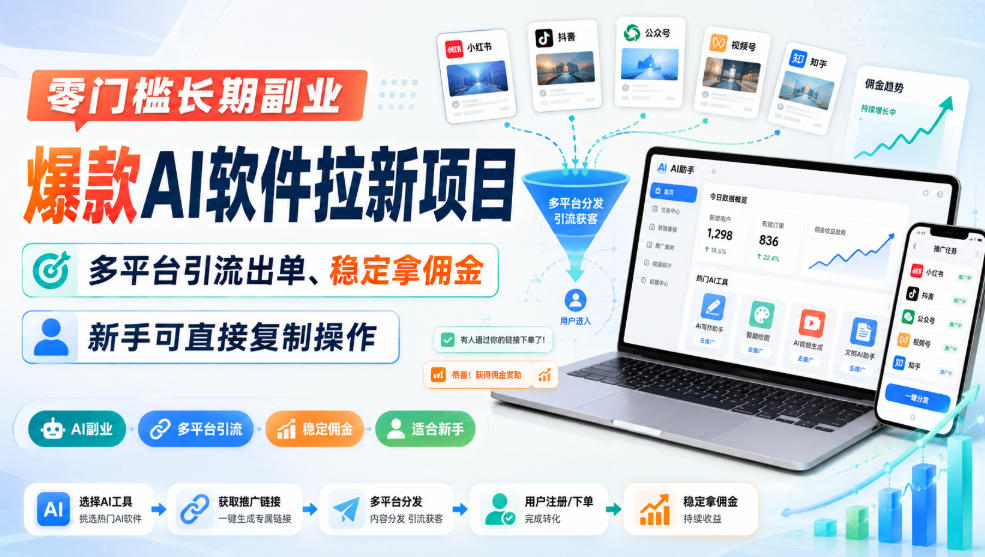 零门槛长期副业,爆款AI软件拉新项目,多平台引流出单、稳定拿佣金,新手可直接复制操作-副业网