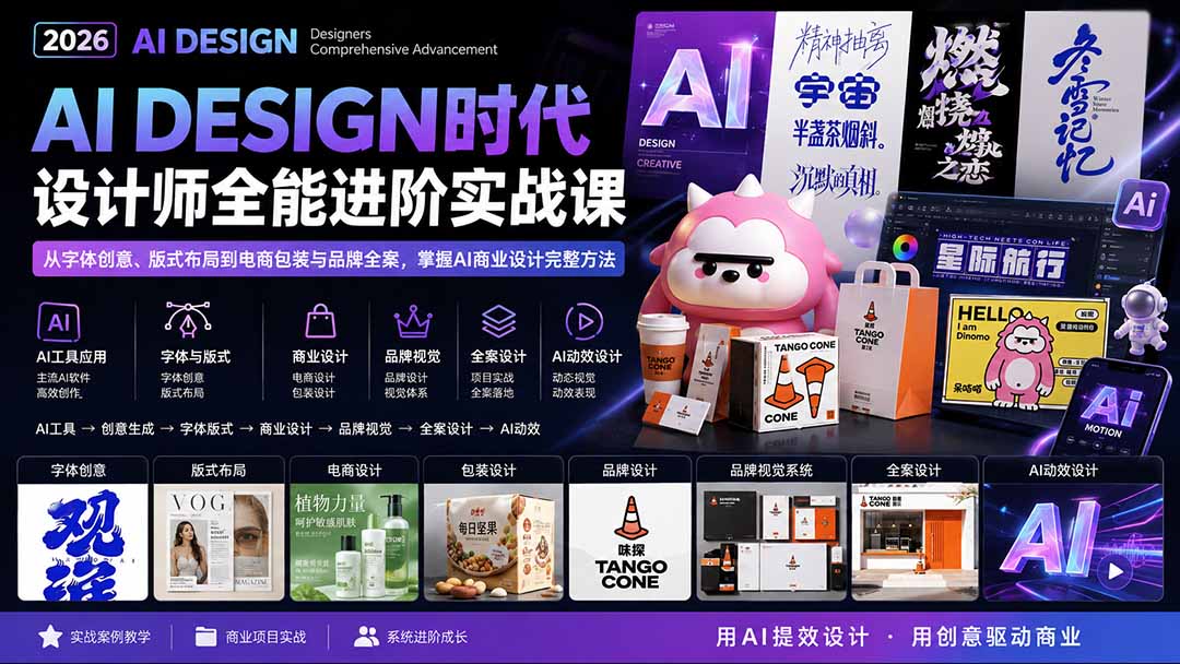 2026AI DESIGN时代设计师全能进阶实战课:从字体创意、版式布局到电商包装与品牌全案,掌握AI商业设计完整方法-副业网