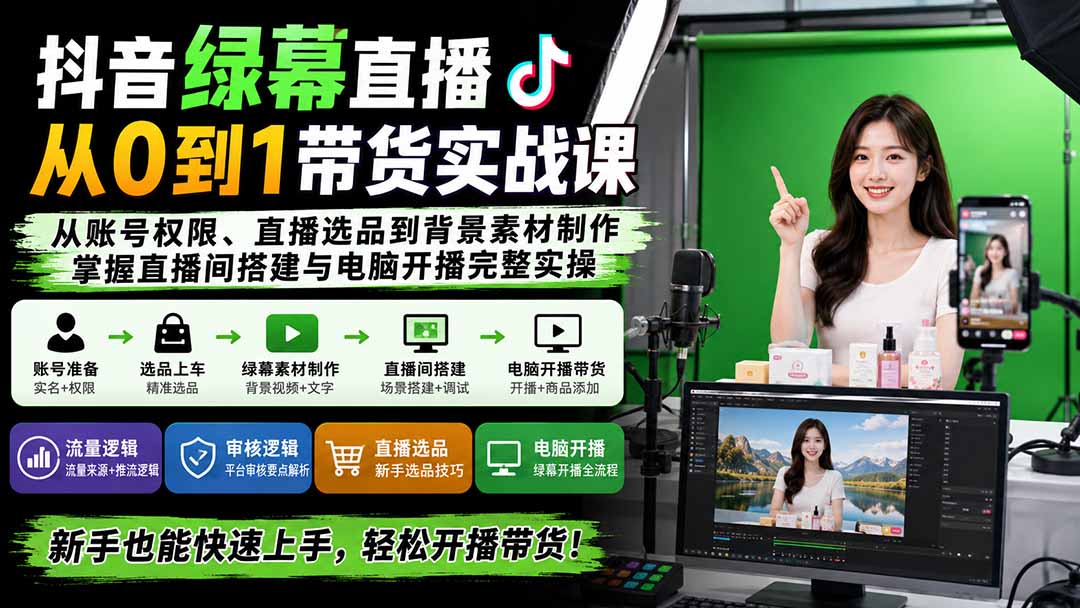 抖音绿幕直播从0到1带货实战课:从账号权限、直播选品到背景素材制作,掌握直播间搭建与电脑开播完整实操-副业网