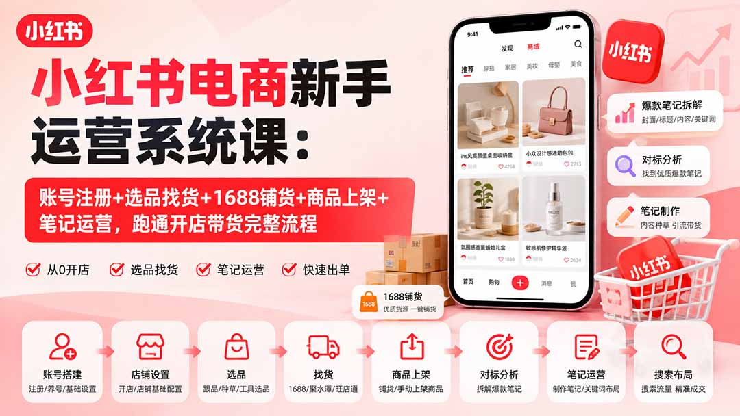 小红书电商新手运营系统课:账号注册+选品找货+1688铺货+商品上架+笔记运营,跑通开店带货完整流程-副业网