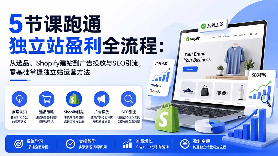 5节课跑通独立站盈利全流程:从选品、Shopify建站到广告投放与SEO引流,零基础掌握独立站运营方法-副业网