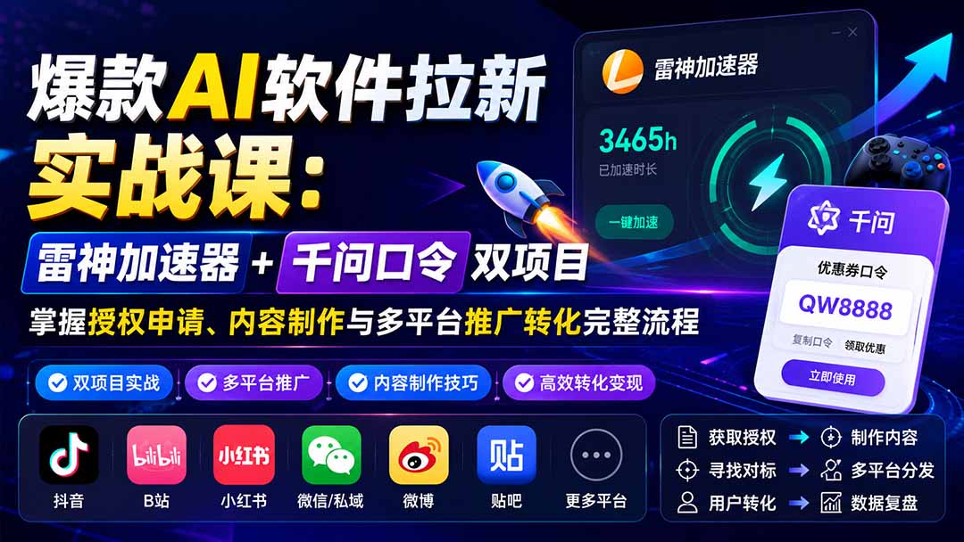 爆款AI软件拉新实战课:雷神加速器+千问口令双项目,掌握授权申请、内容制作与多平台推广转化完整流程-副业网
