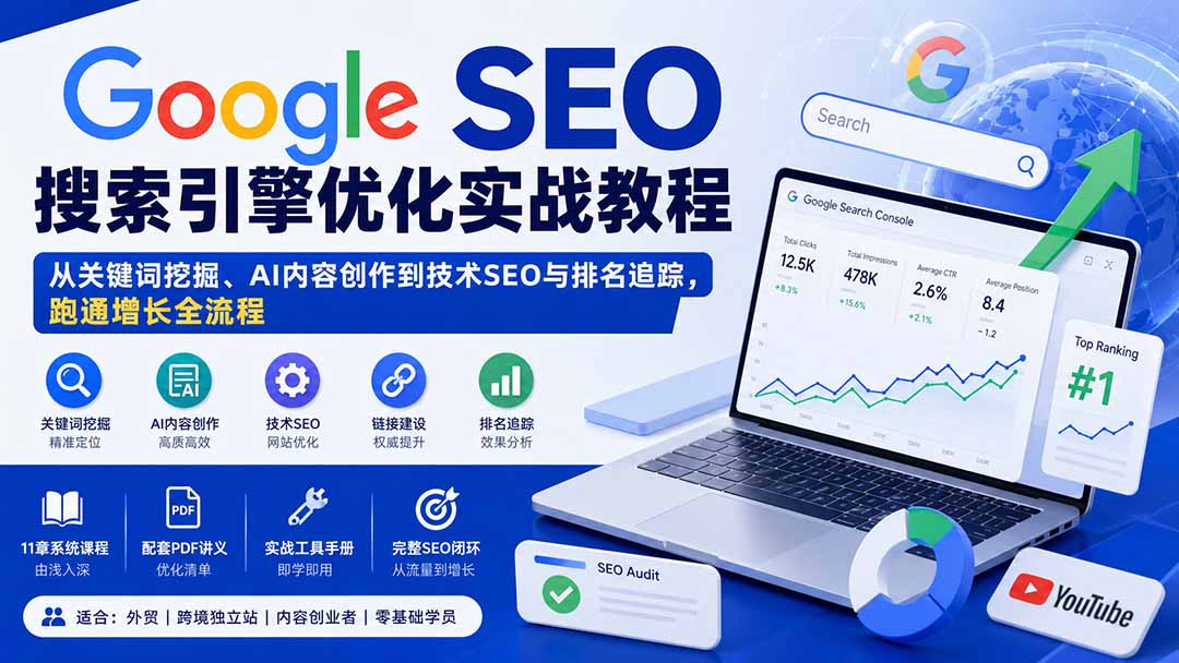Google SEO搜索引擎优化实战教程:从关键词挖掘、AI内容创作到技术SEO与排名追踪,跑通增长全流程-副业网