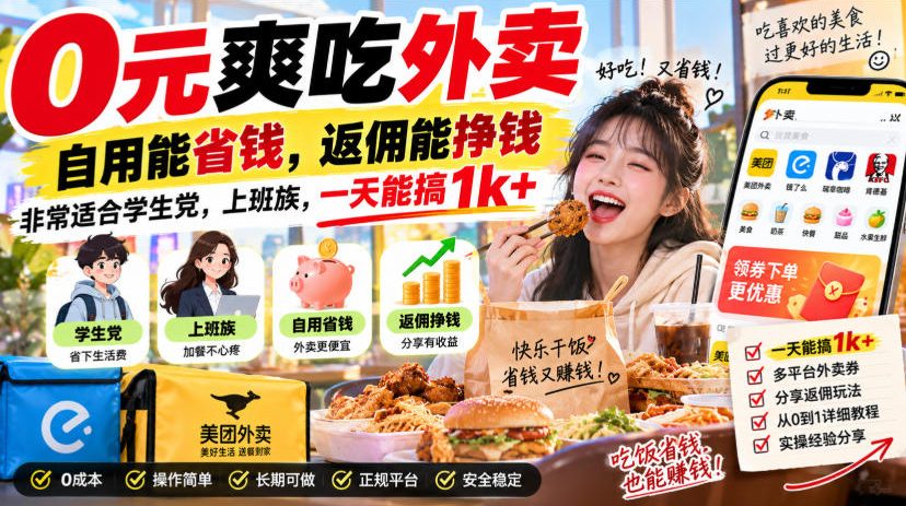 0元爽吃外卖,自用能省钱,返佣能挣钱,非常适合学生党,上班族,一天能搞1k+-副业网