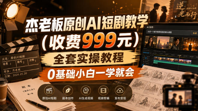 杰老板原创AI短剧教学(收费999元),全套实操教程,0基础小白一学就会,非搬运技术-副业网