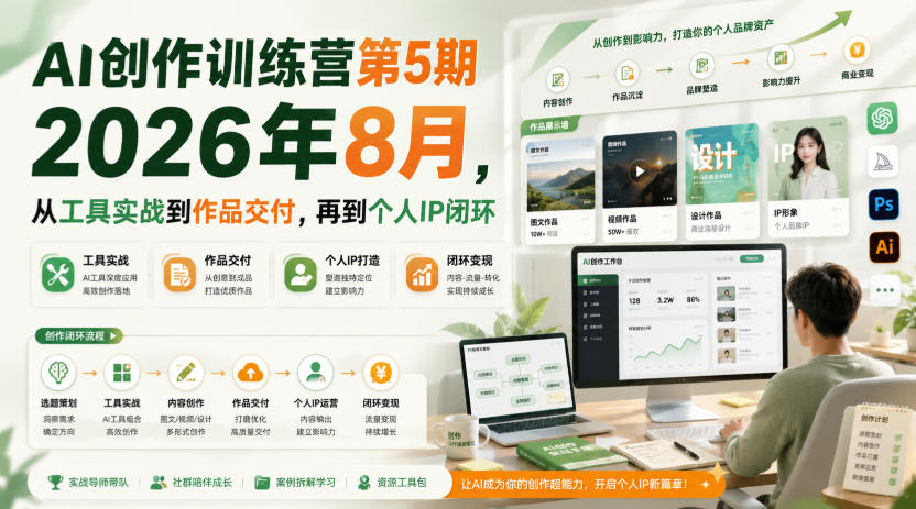 AI创作训练营第5期2026年8月,从工具实战到作品交付,再到个人IP闭环(更新0904)-副业网