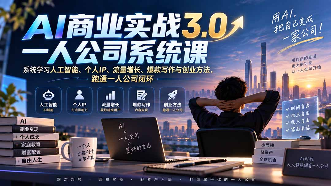 AI商业实战3.0一人公司系统课:系统学习人工智能、个人IP、流量增长、爆款写作与创业方法,跑通一人公司闭环-副业网