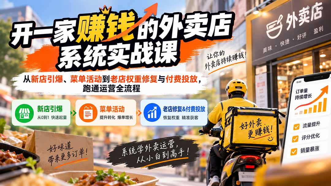 开一家赚钱的外卖店系统实战课:从新店引爆、菜单活动到老店权重修复与付费投放,跑通运营全流程-副业网