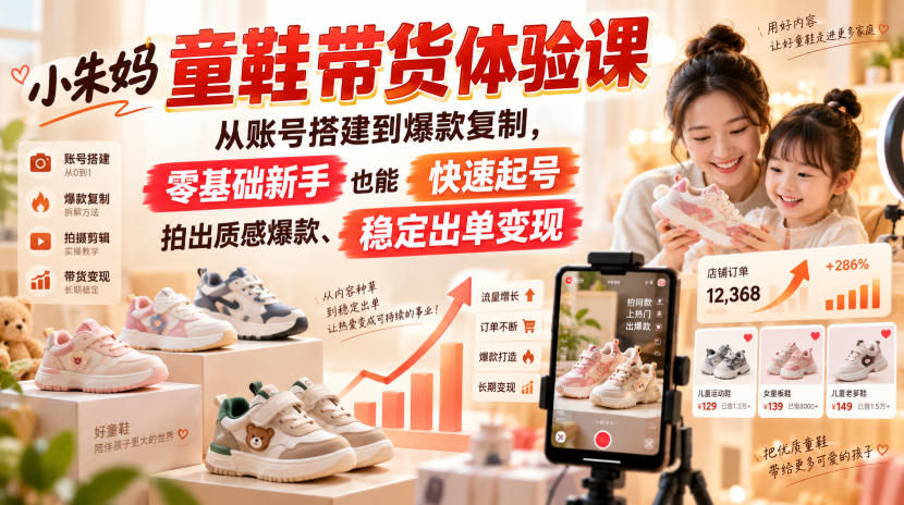 小朱妈童鞋带货体验课,从账号搭建到爆款复制,零基础新手也能快速起号、拍出质感爆款、稳定出单变现-副业网